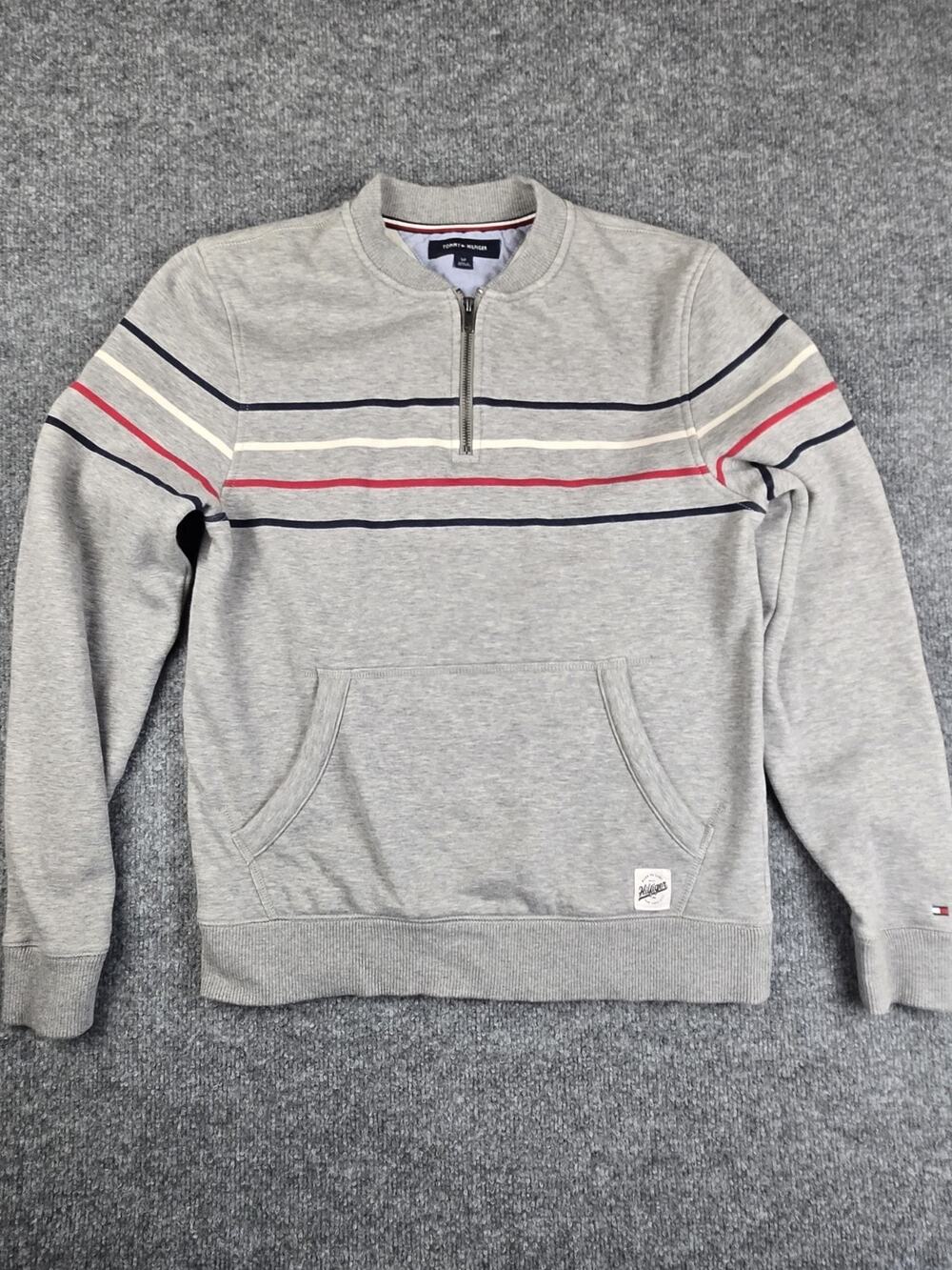 Tommy Hilfiger Men’s Small Gray 1/4 Zip Pullover Sweatshirt Striped #974